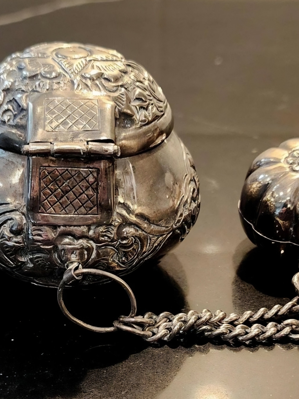 Vintage Silver Ornate Betel Nut Trinket Box & Attached Pumpkin Pod